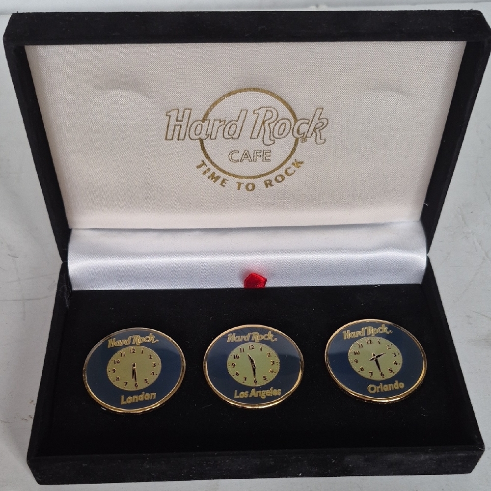 Hard Rock Cafe Gold and Black Pin Set New In Box.